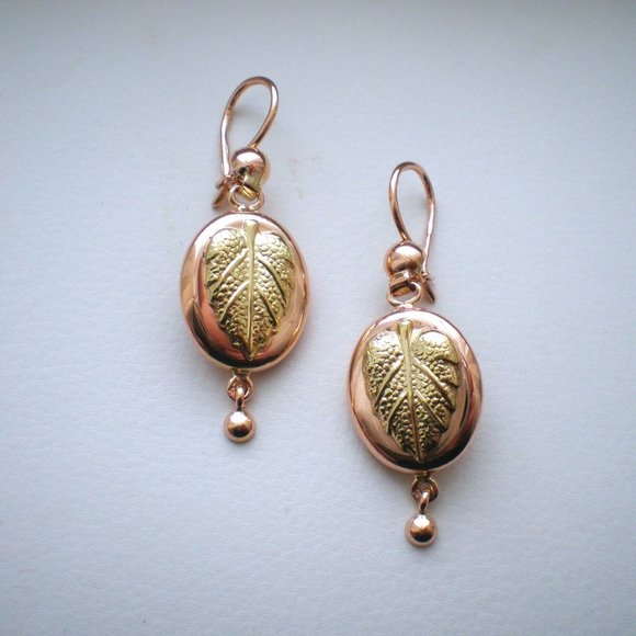 Antique Russian USSR 14K 585 Rose Pink Yellow Two Tone Gold 2D Dangle EARRINGS